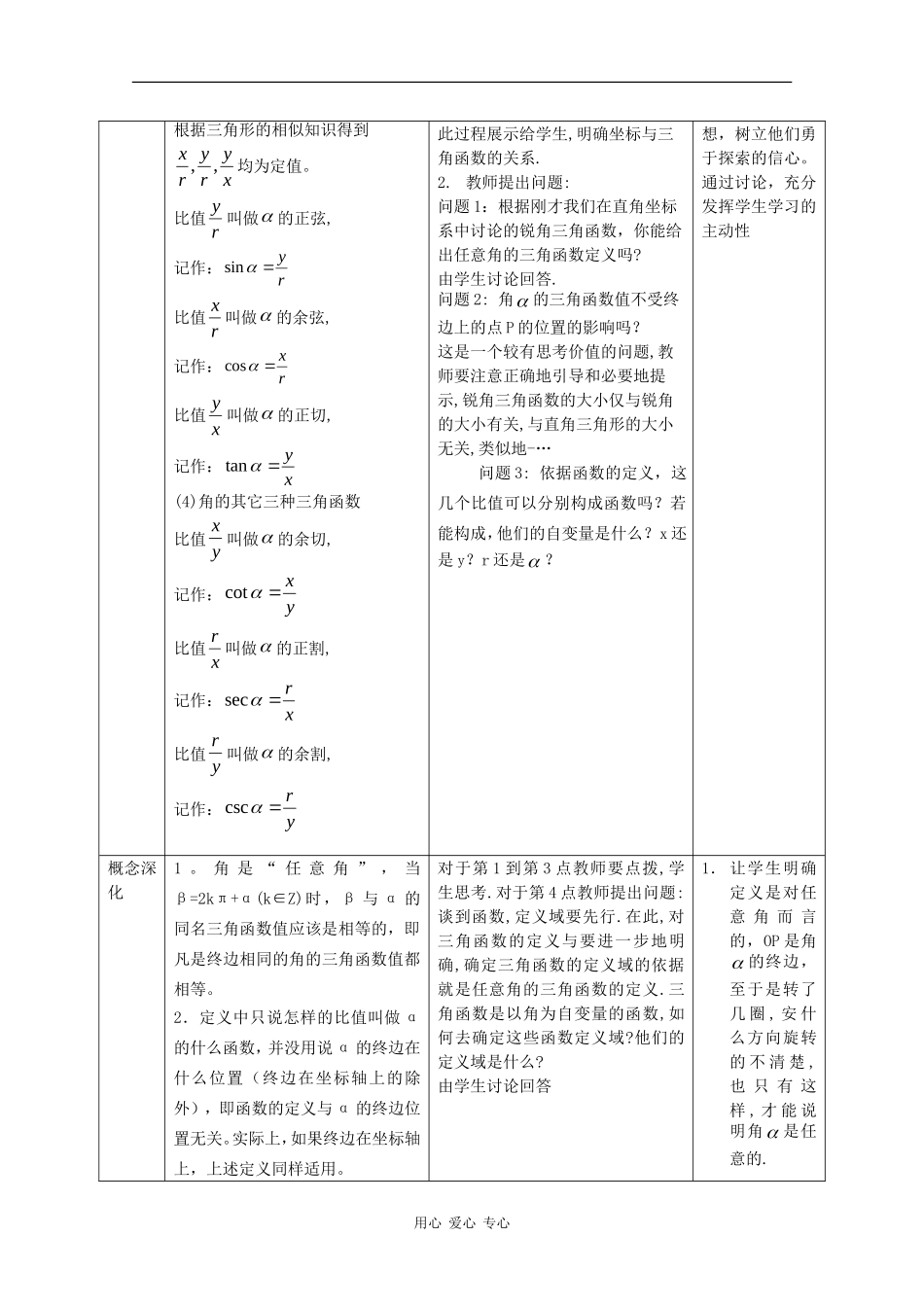 高中数学：1.2.1 第一课时 三角函数的定义 一 教案 新人教B版必修4_第2页