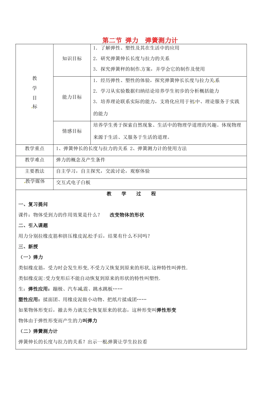黑龙江省鸡西市恒山区八年级物理下册 6.2 弹力 弹簧测力计教案 鲁教版五四制-鲁教版五四制初中八年级下册物理教案_第1页