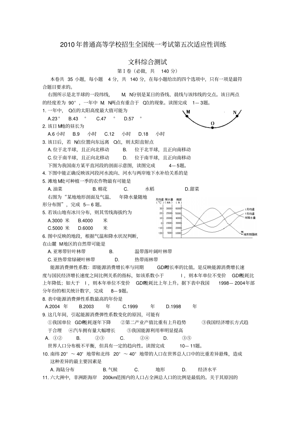2010年陕西普通高等学校高三第五次适应性训练文综_第1页