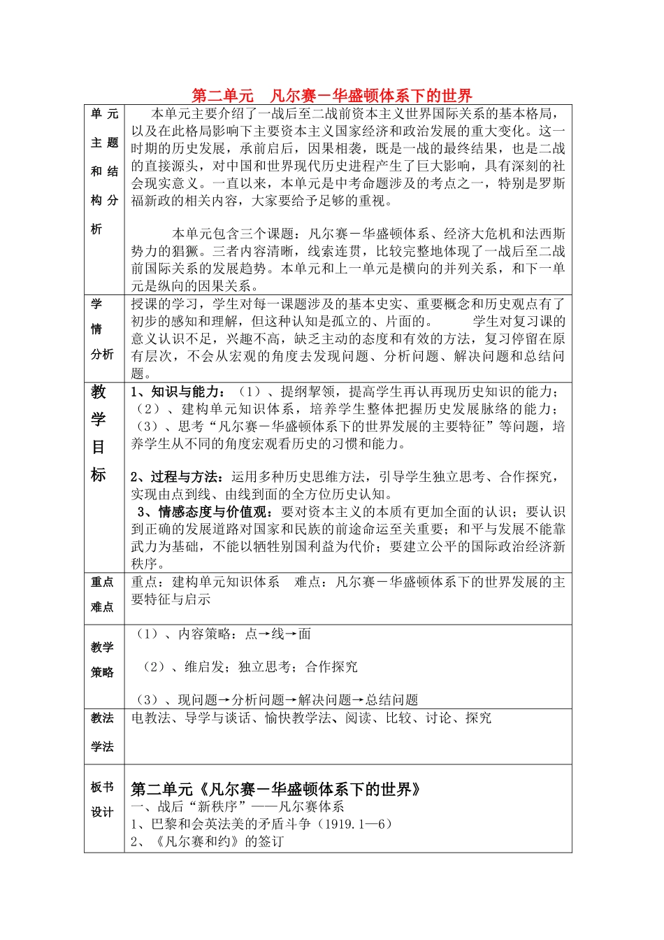 福建省龙岩小池中学2015届中考历史一轮复习 九下 第二单元 凡尔赛—华盛顿体系下的世界教案 新人教版_第1页