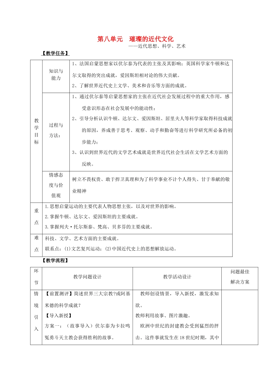 福建省龙岩小池中学2015届中考历史一轮复习 九上 第八单元 璀璨的近代文化教案 新人教版_第1页