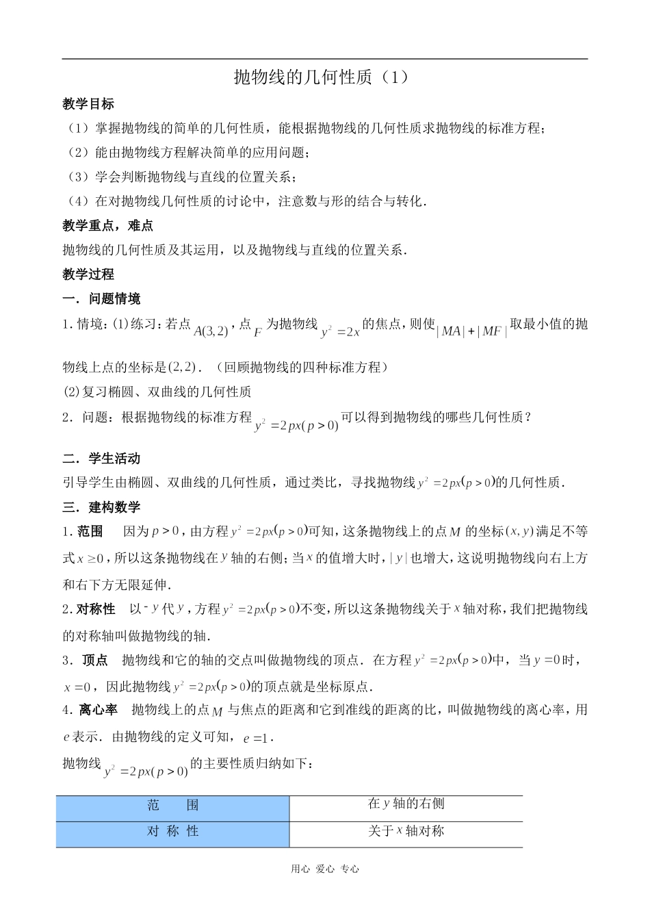 高中数学抛物线的几何性质（1）旧人教高中必修第二册(上)_第1页