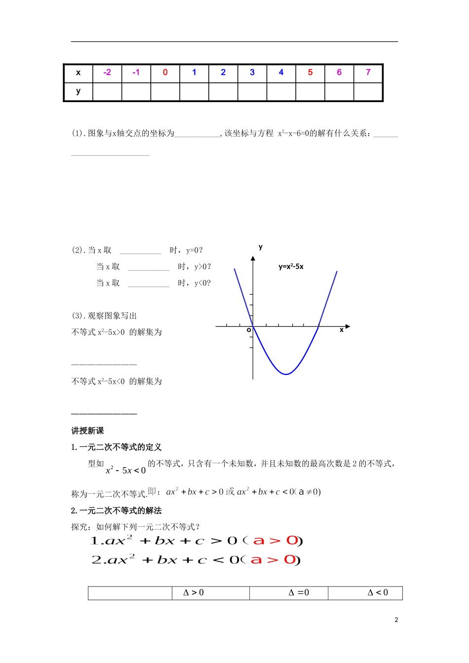 高中数学必 第三章 不等式 3.2 一元二次不等式及其解法教案 新人教A版必修5-新人教A版高二必修5数学教案_第2页