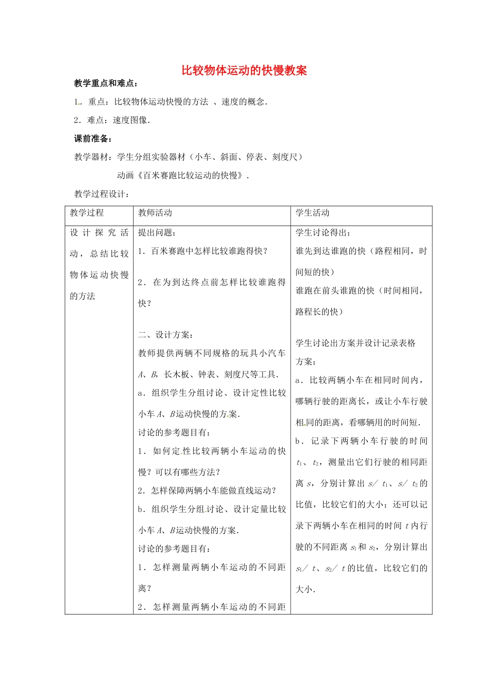 甘肃省张掖市第六中学八年级物理上册 比较物体运动的快慢教案 新人教版_第1页