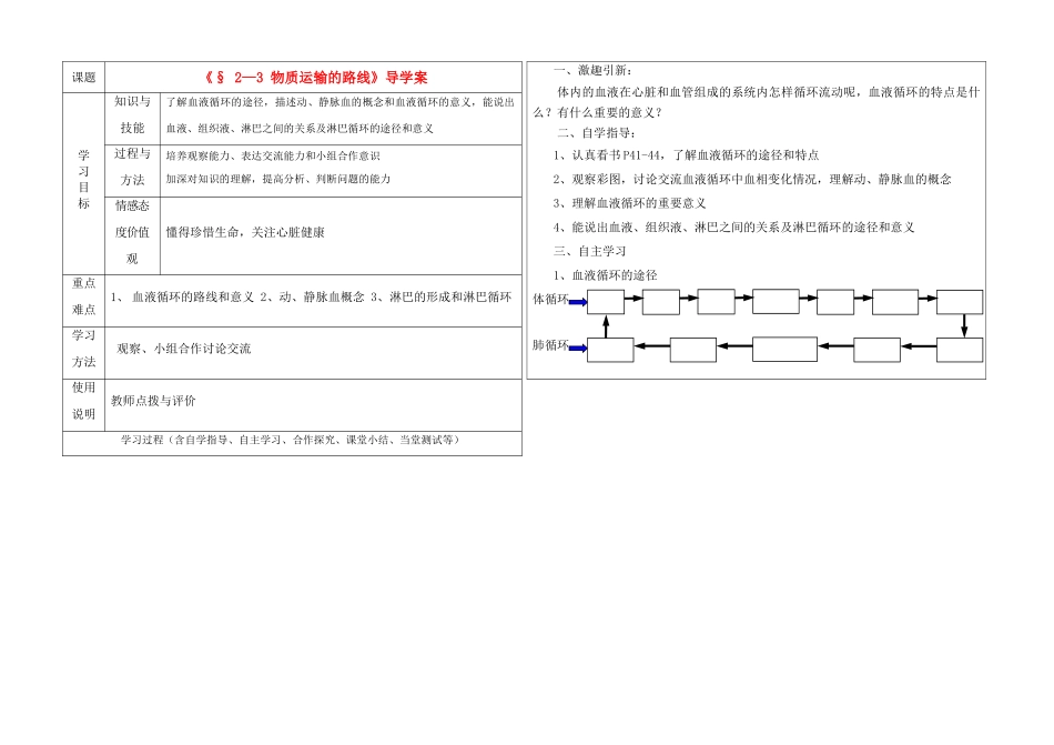 河北省邯郸涉县2010年七年级生物物质运输的路线教案冀教版_第1页
