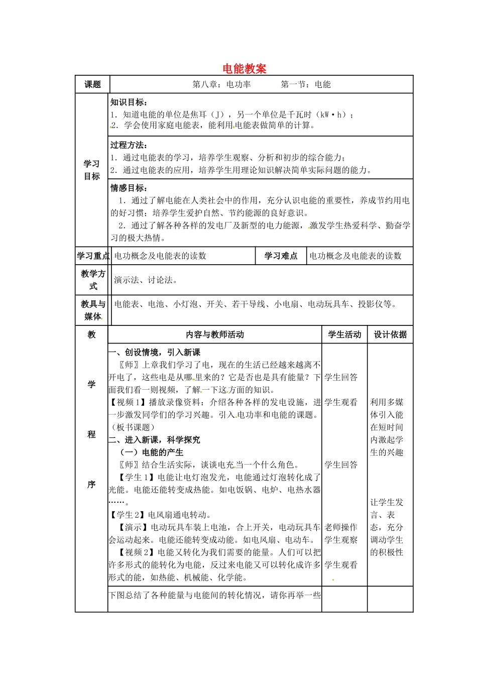 河北省秦皇岛市抚宁县驻操营学区八年级物理下册 电能教案 新人教版_第1页