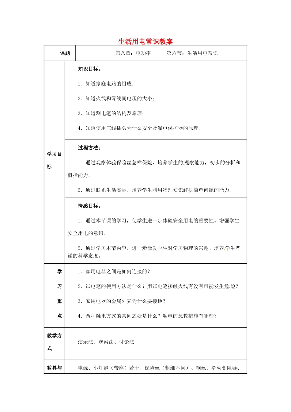 河北省秦皇岛市抚宁县驻操营学区八年级物理下册 生活用电常识教案 新人教版_第1页
