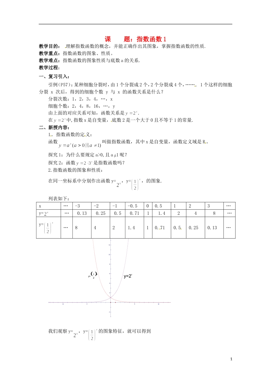 高中数学上册 4.2《指数函数的性质和图像》教案（1） 沪教版_第1页
