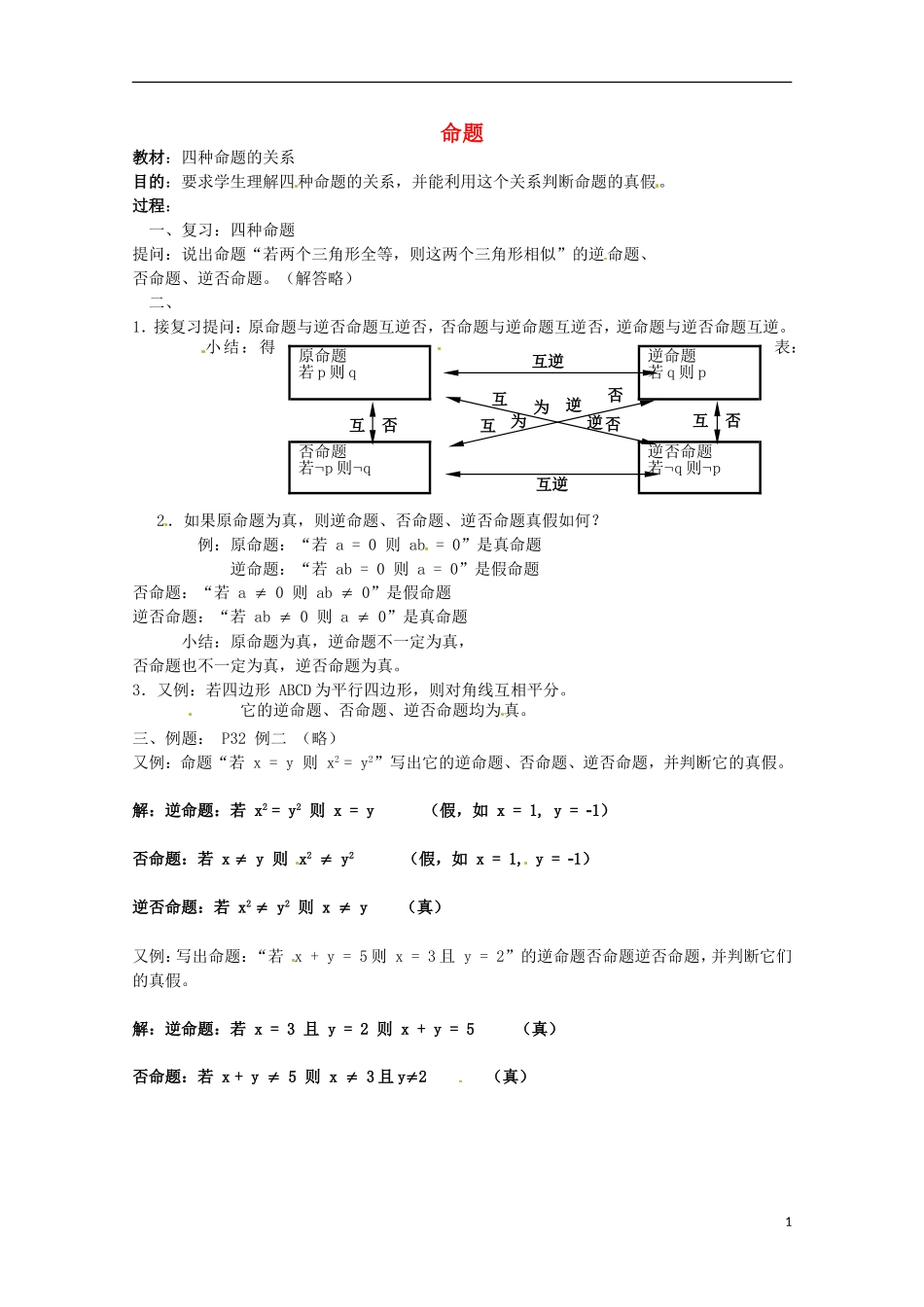 高中数学上册 1.4《命题的形式及等价关系》教案（4） 沪教版_第1页