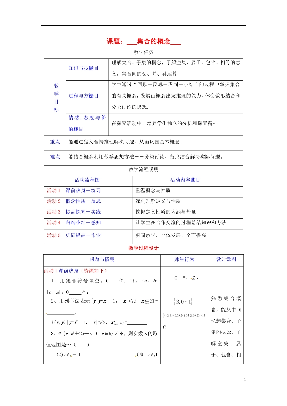 高中数学上册 1.1《集合及其表示方法》教案（1） 沪教版_第1页