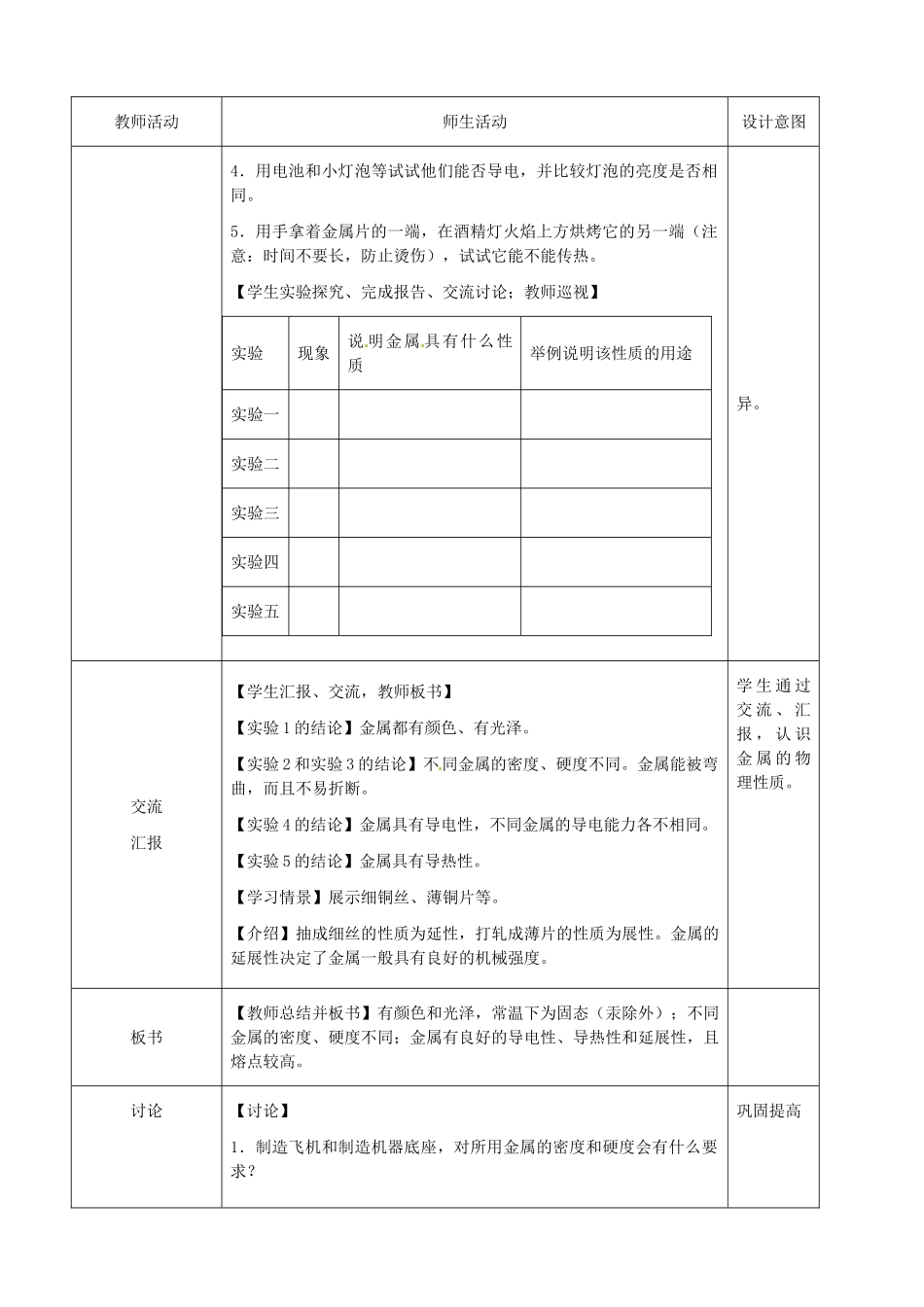 河北省唐山市曹妃甸区第二中学2013-2014学年九年级化学下册 第八单元《金属的性质和利用》教案 新人教版_第3页