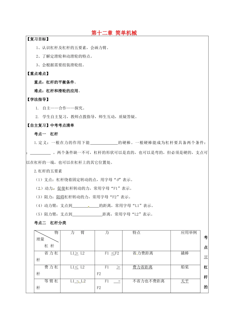 陕西省铜川矿务局第二中学八年级物理下册 第12章 简单机械复习教案 （新版）新人教版_第1页