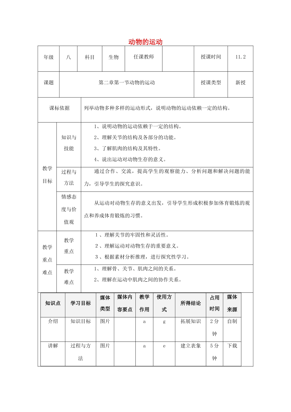 陕西省石泉县八年级生物上册 5.2.1动物的运动教案 （新版）新人教版_第1页