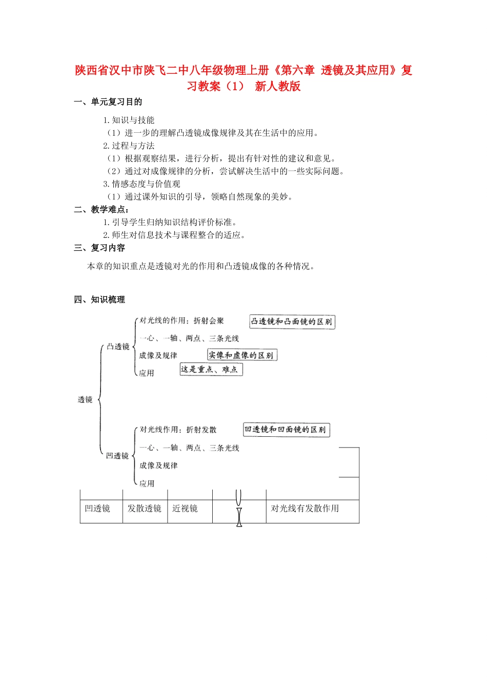 陕西省汉中市陕飞二中八年级物理上册《第六章 透镜及其应用》复习教案 新人教版_第1页