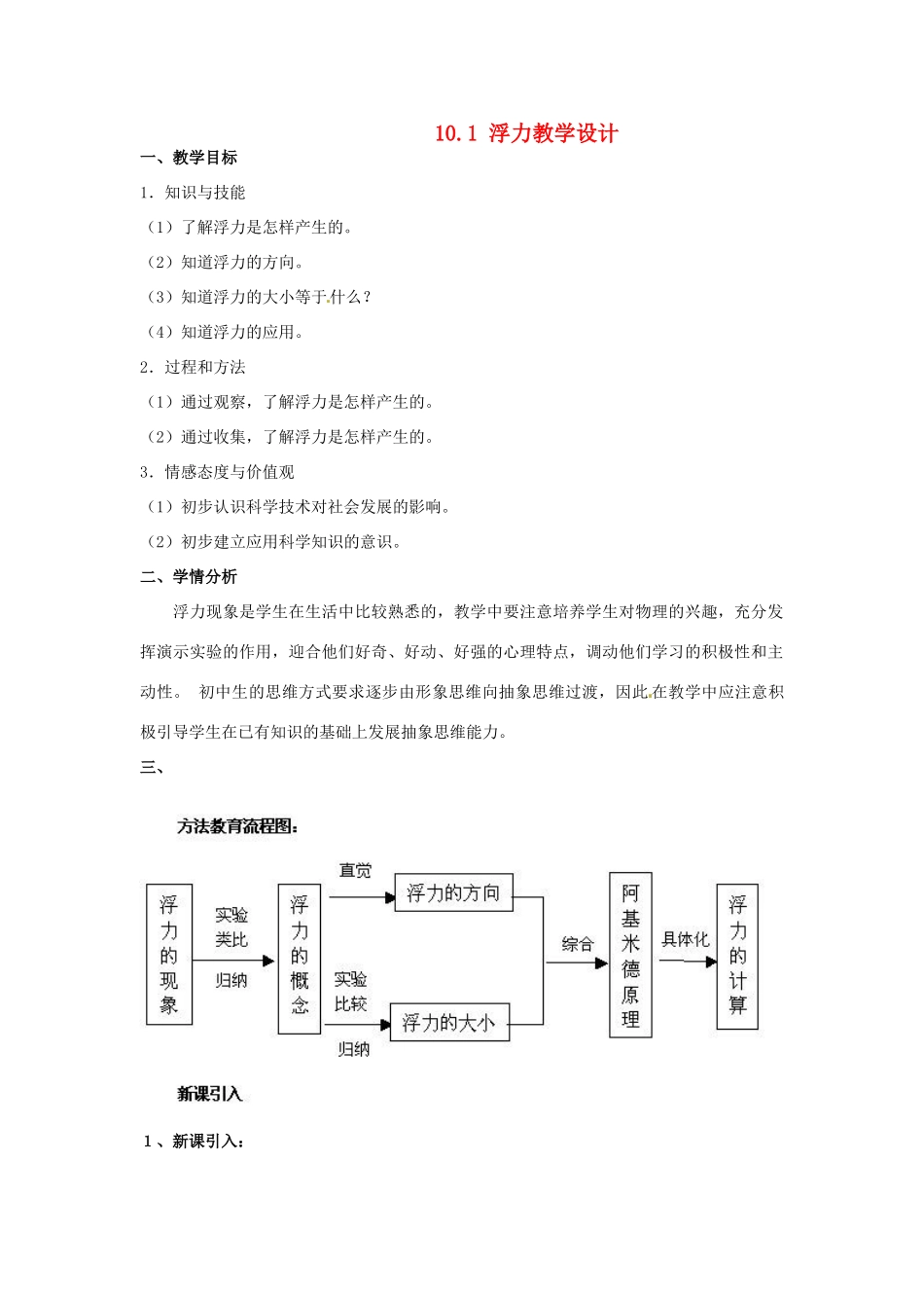 陕西省山阳县色河中学八年级物理下册 10.1 浮力教学设计 新人教版_第1页
