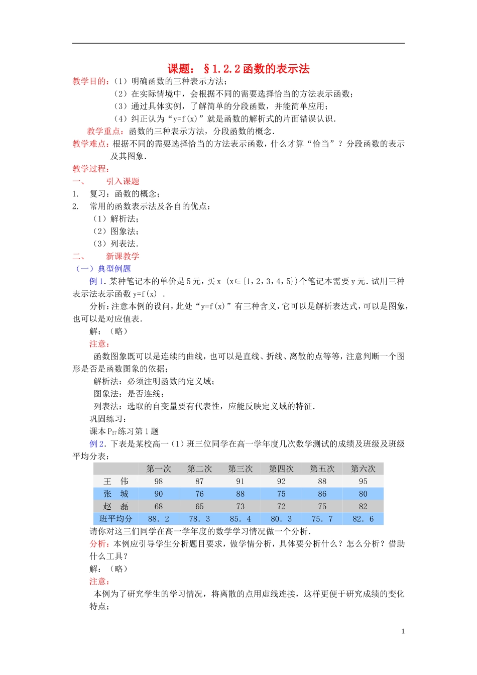 高中数学《函数及其表示》教案5 新人教A版必修1_第1页