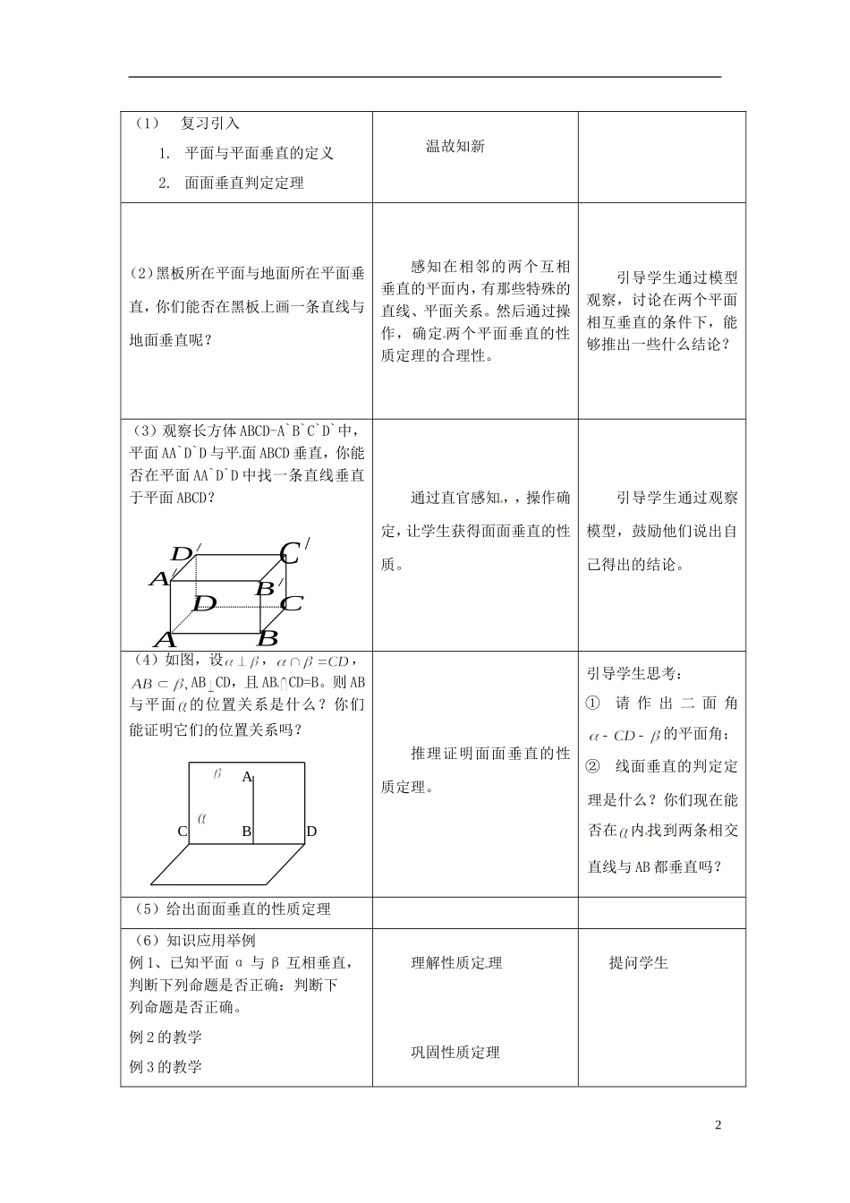 高中数学《2.3.4平面与平面垂直的性质》教学设计 新人教版必修2-新人教版高一必修2数学教案_第2页