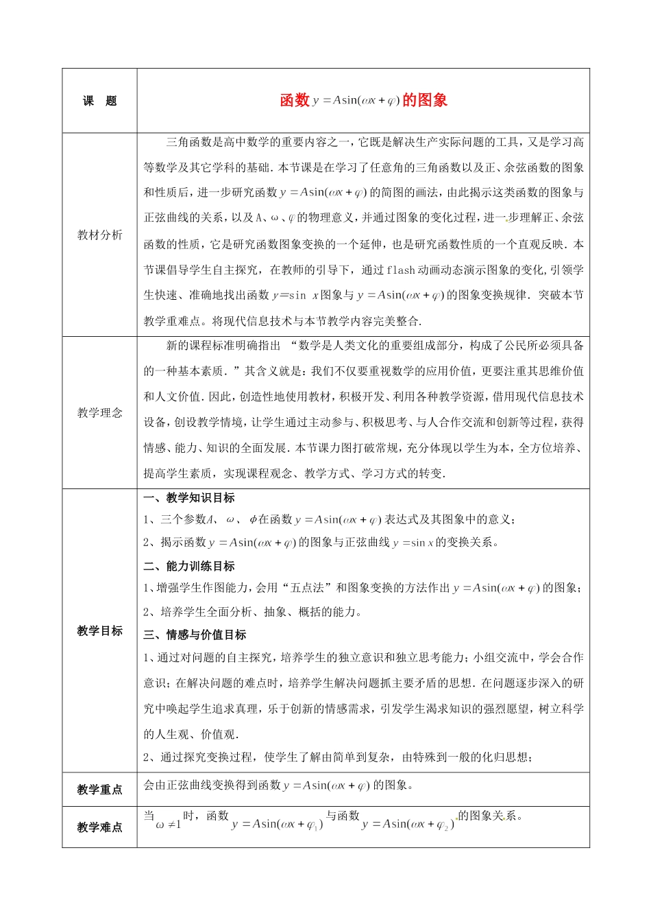 高中数学《1.5函数y＝Asinωx＋φ的图象》教学设计 新人教版必修4-新人教版高一必修4数学教案_第1页