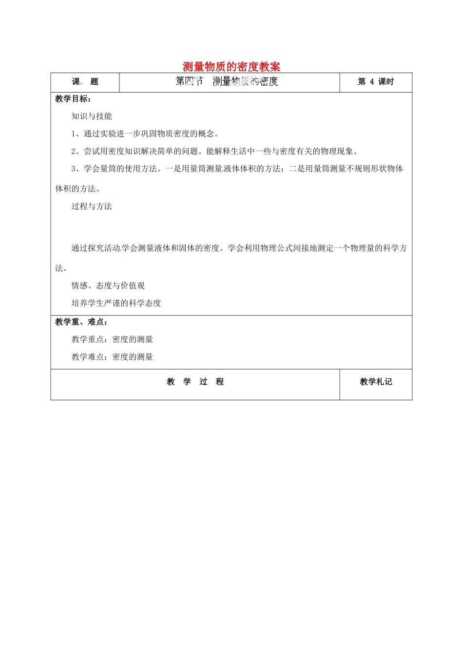 辽宁省锦州市锦州中学八年级物理上册 测量物质的密度教案 新人教版_第1页