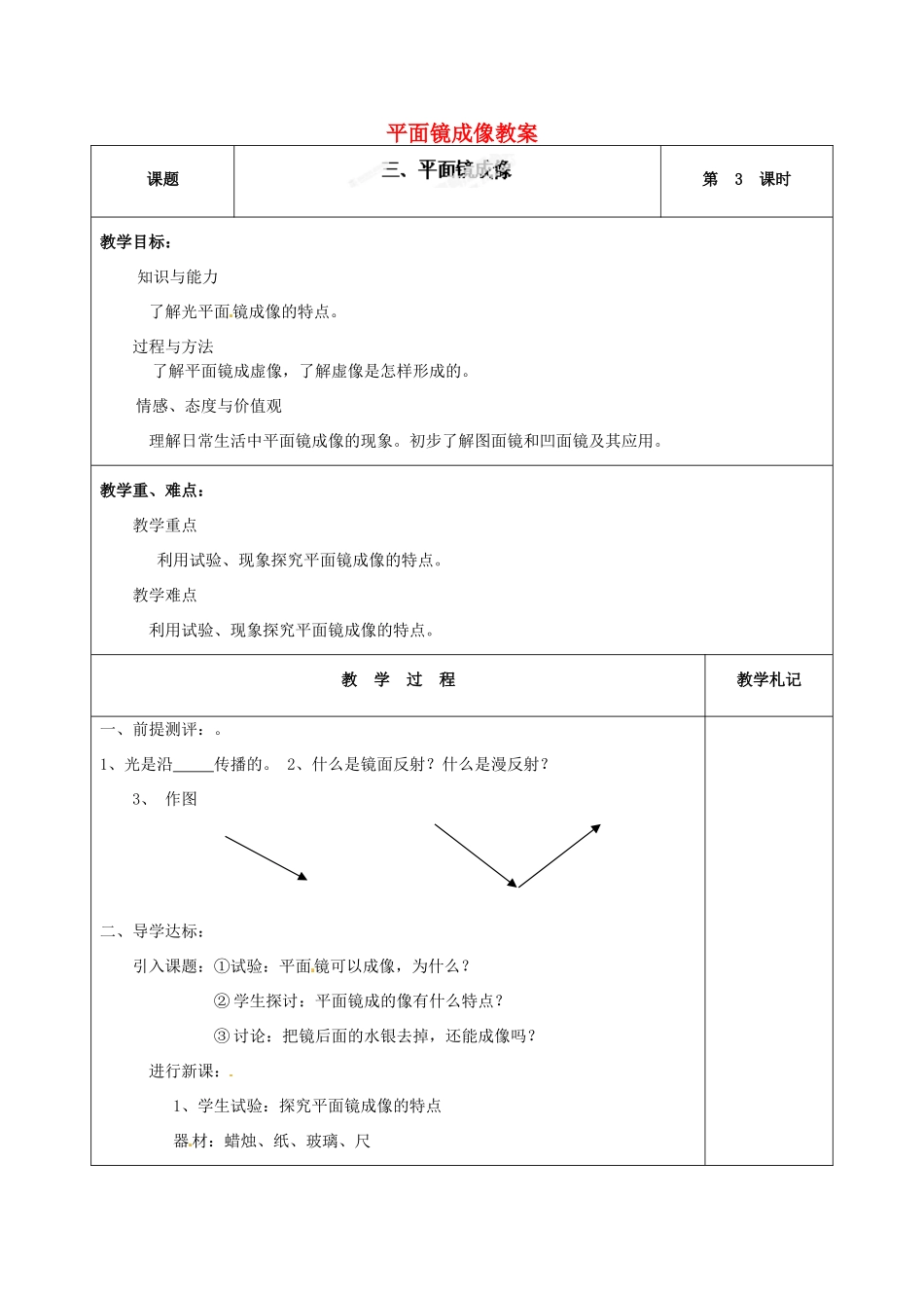 辽宁省锦州市锦州中学八年级物理上册 平面镜成像教案 新人教版_第1页