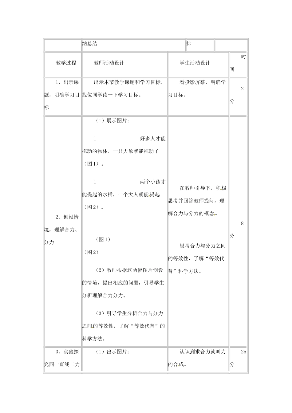 辽宁省辽阳市第九中学八年级物理下册 第七章《第四节 同一直线的二力合成》教学设计 北师大版_第2页