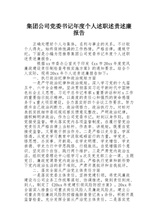 集团公司党委书记年度个人述职述责述廉报告