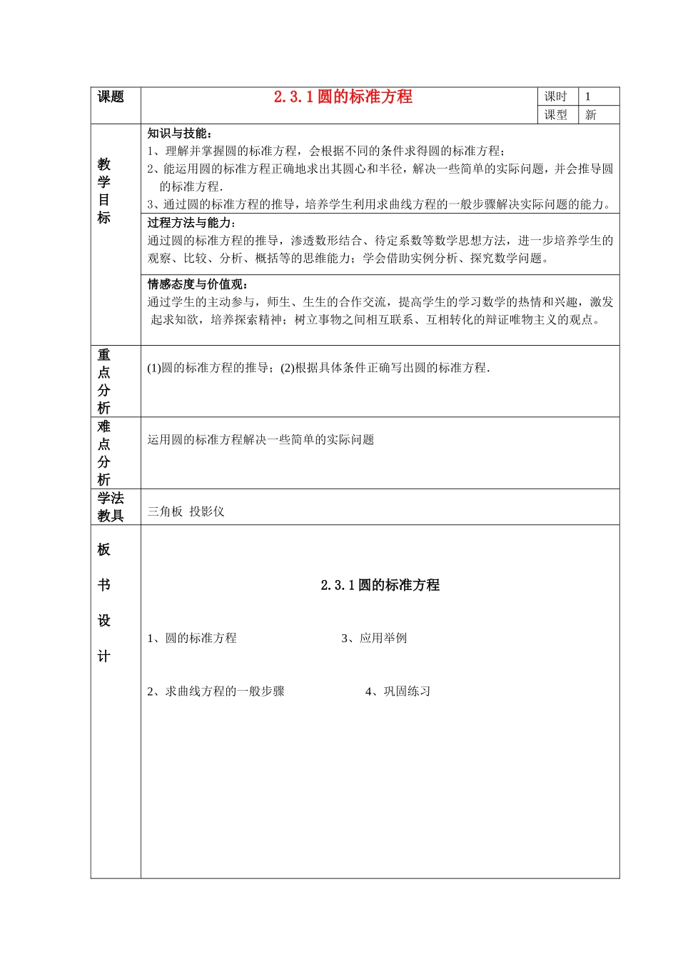 高中数学2.3.1圆的标准方程教案新课标人教B必修2_第1页
