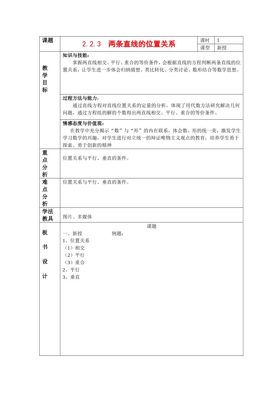 高中数学2.2.3 两条直线的位置关系教案新课标人教Ｂ版选修1-2_第1页