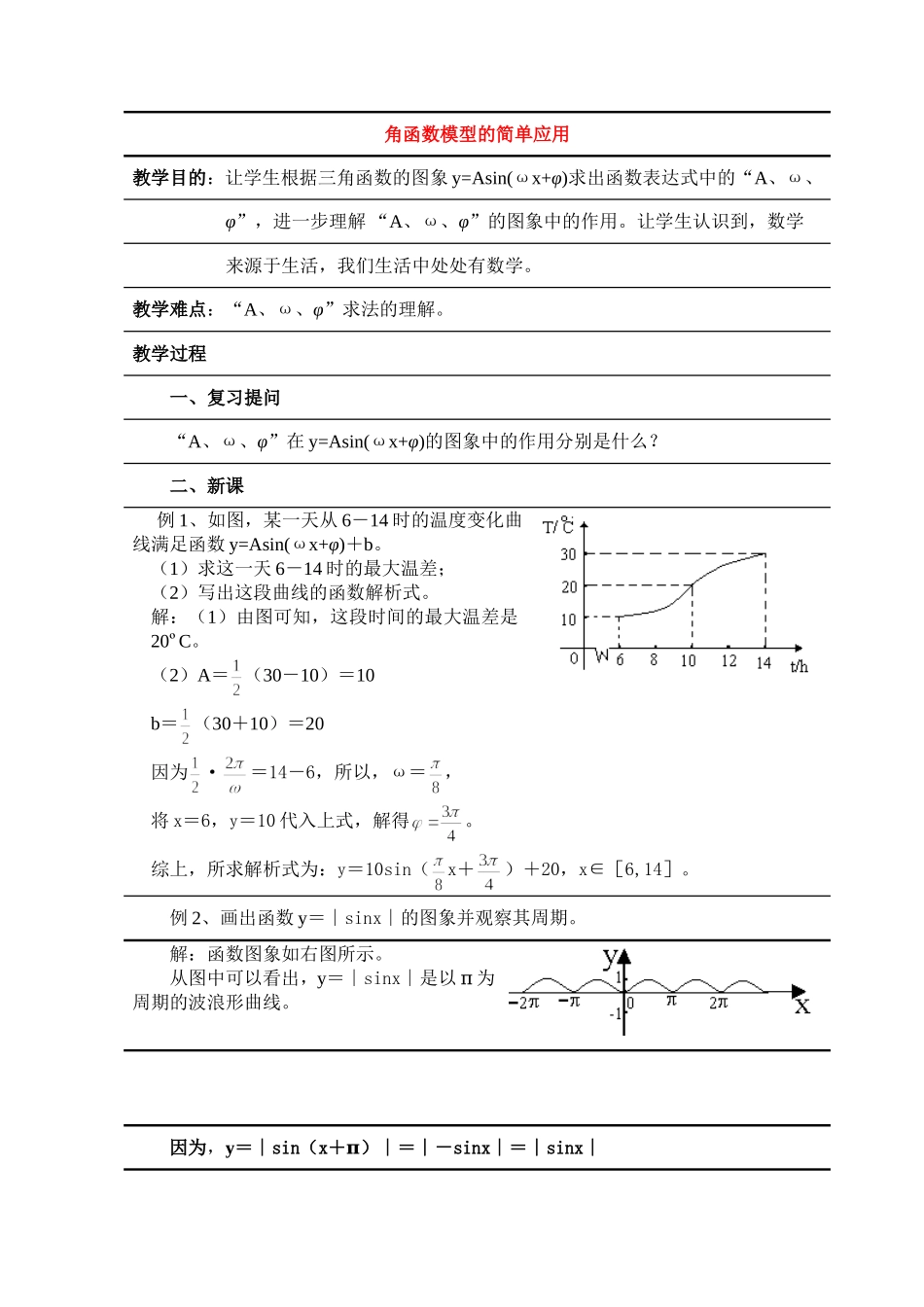 高中数学1.6　三角函数模型的简单应用　教案6人教版必修4_第1页