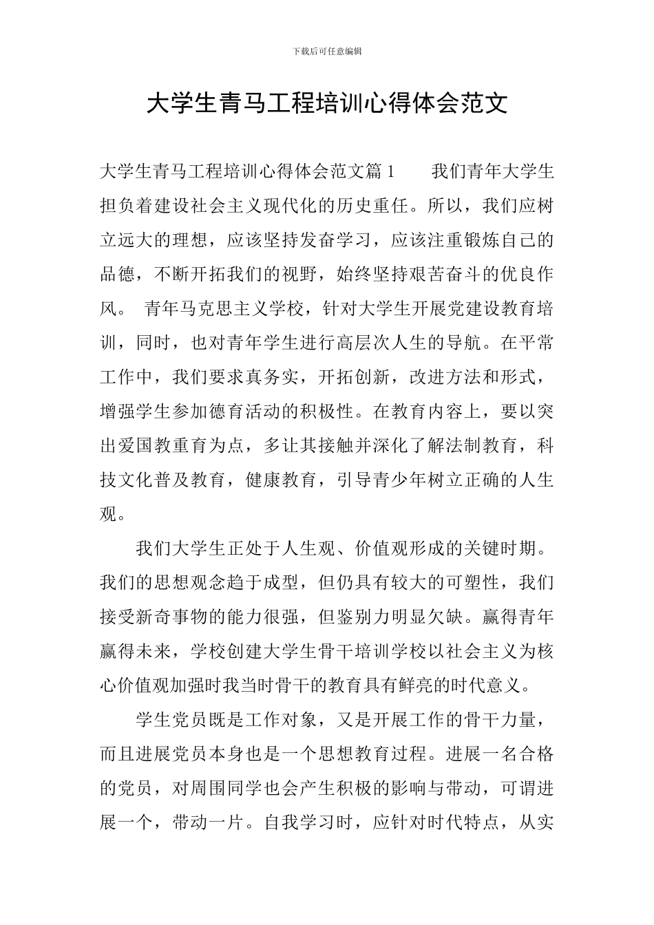 大学生青马工程培训心得体会范文_第1页