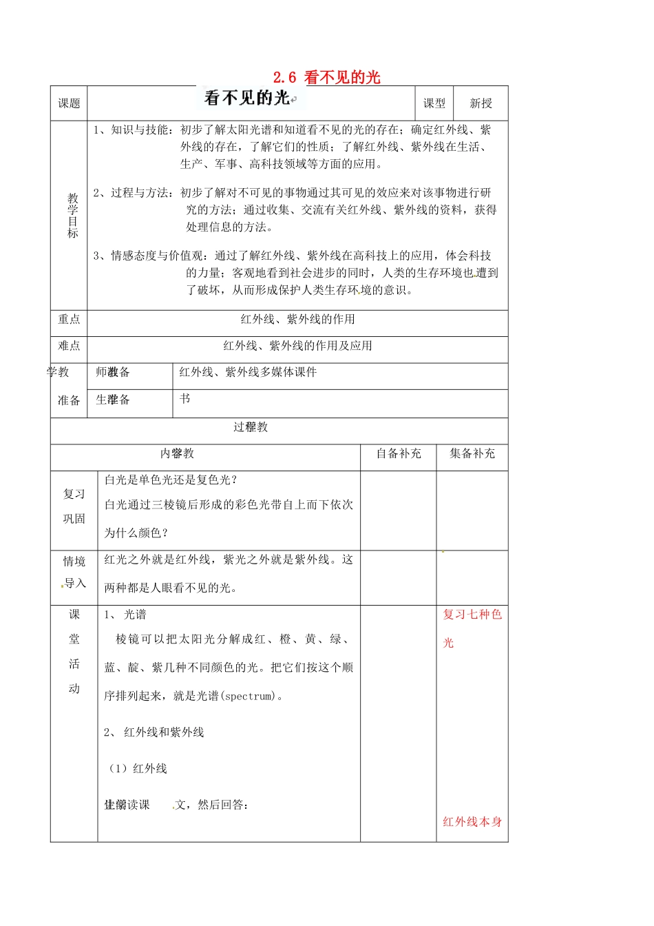 辽宁省大连市第七十六中学八年级物理上册 2.6 看不见的光教案 新人教版_第1页