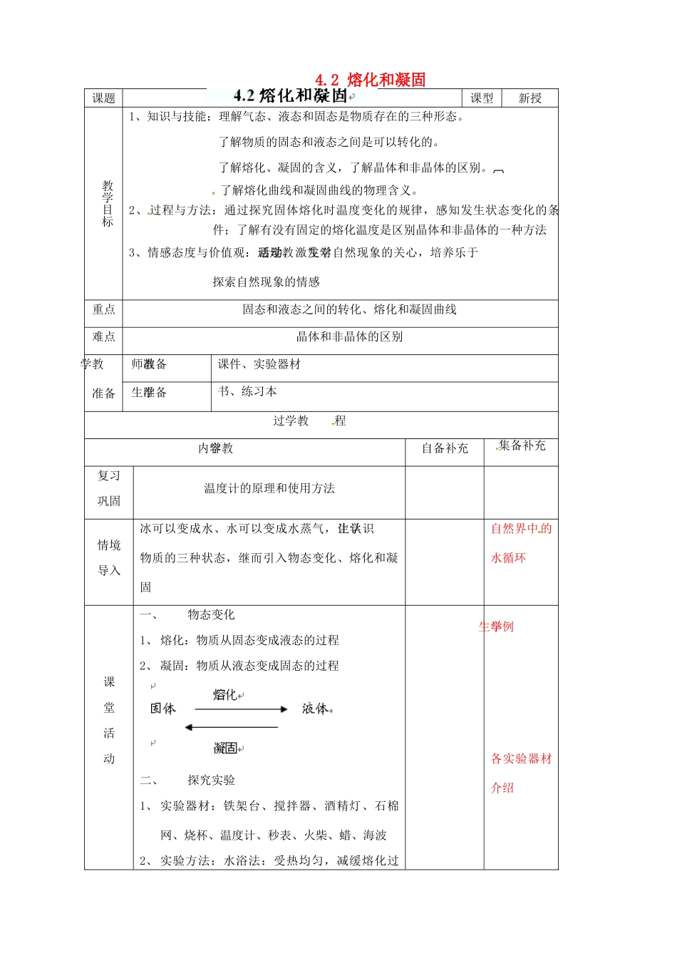 辽宁省大连市第七十六中学八年级物理上册 4.2 熔化和凝固教案 新人教版_第1页