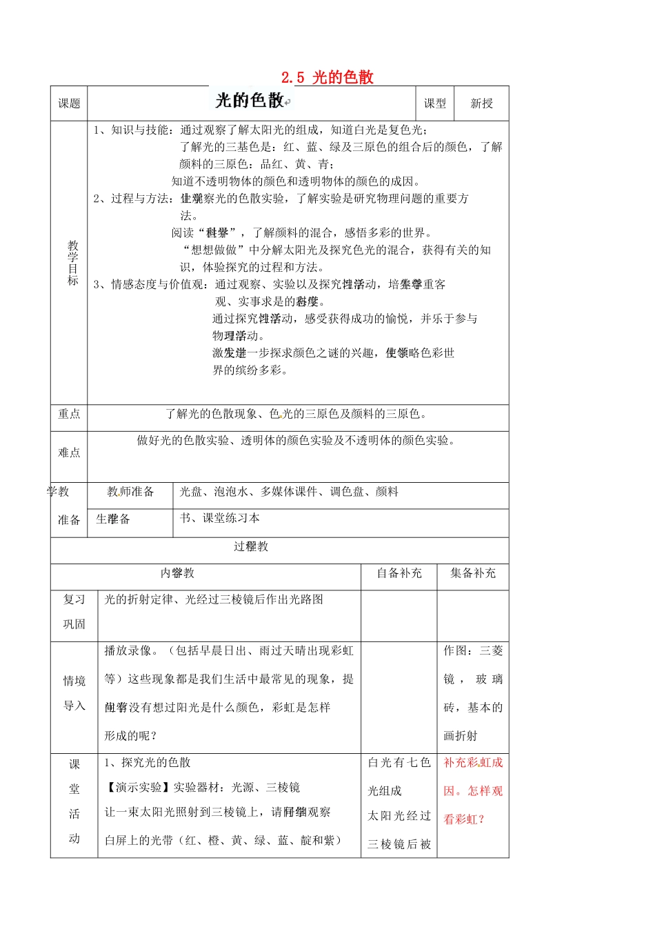 辽宁省大连市第七十六中学八年级物理上册 2.5 光的色散教案 新人教版_第1页