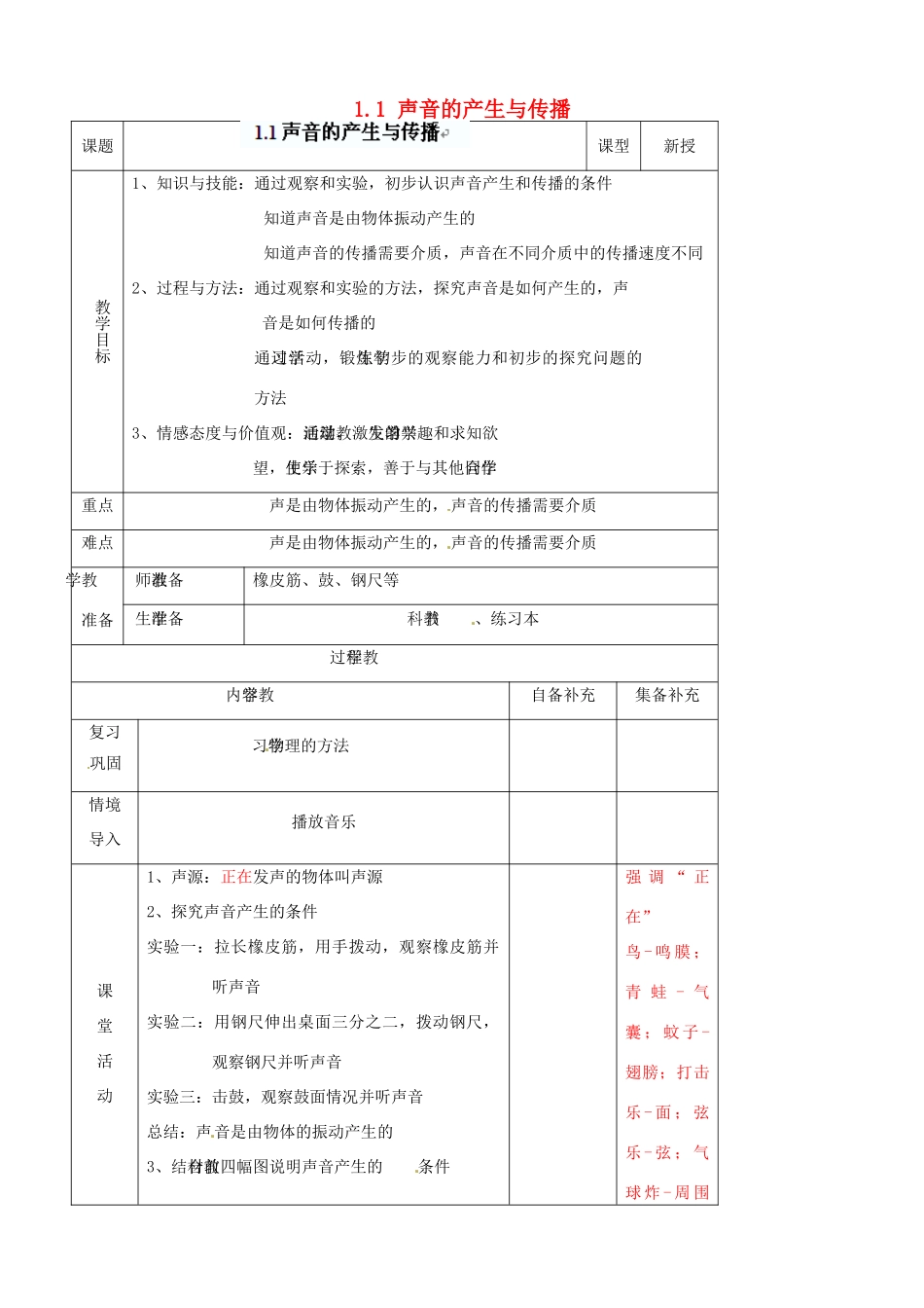 辽宁省大连市第七十六中学八年级物理上册 1.1 声音的产生与传播教案 新人教版_第1页