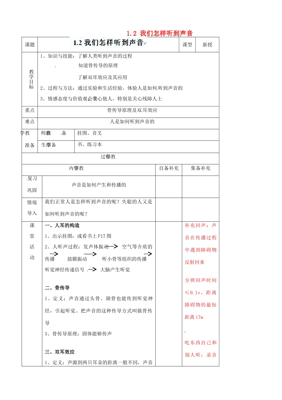 辽宁省大连市第七十六中学八年级物理上册 1.2 我们怎样听到声音教案 新人教版_第1页