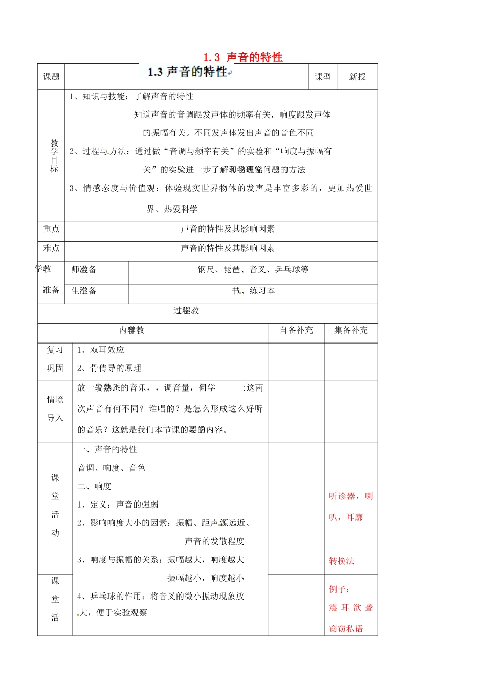 辽宁省大连市第七十六中学八年级物理上册 1.3 声音的特性教案 新人教版_第1页