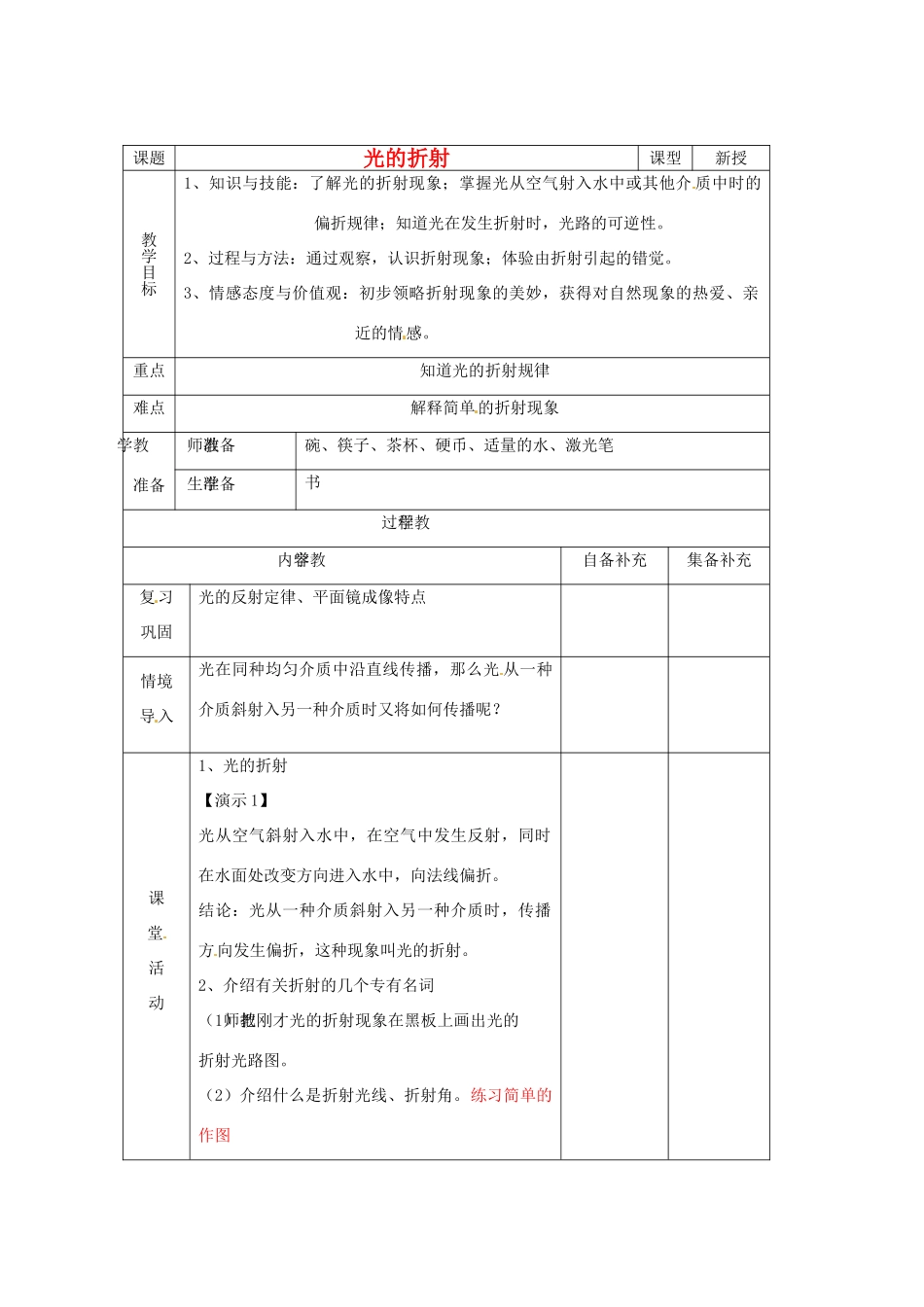 辽宁省大连市第七十六中学八年级物理 第二章 第四节 光的折射教案 人教新课标版_第1页