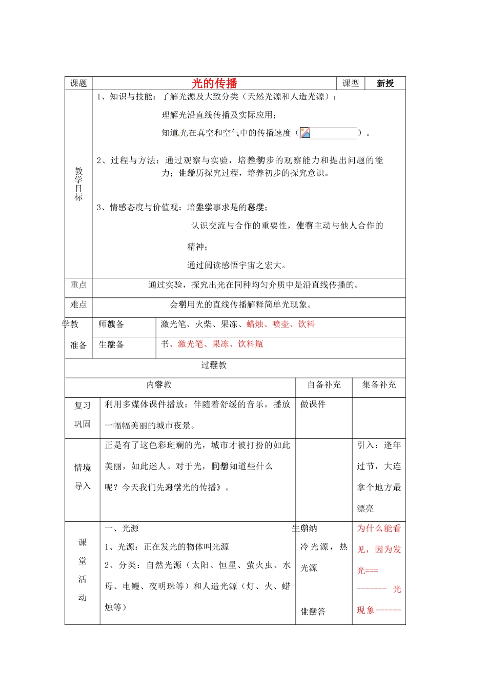 辽宁省大连市第七十六中学八年级物理 第二章 第一节 光的传播教案 人教新课标版_第1页
