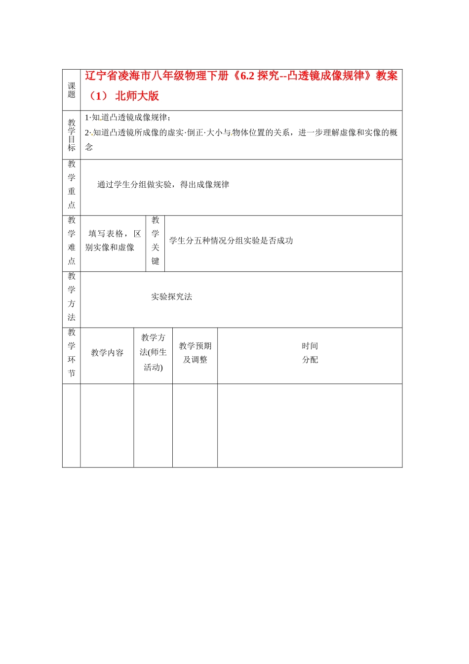 辽宁省凌海市八年级物理下册《6.2 探究--凸透镜成像规律》教案（1） 北师大版_第1页