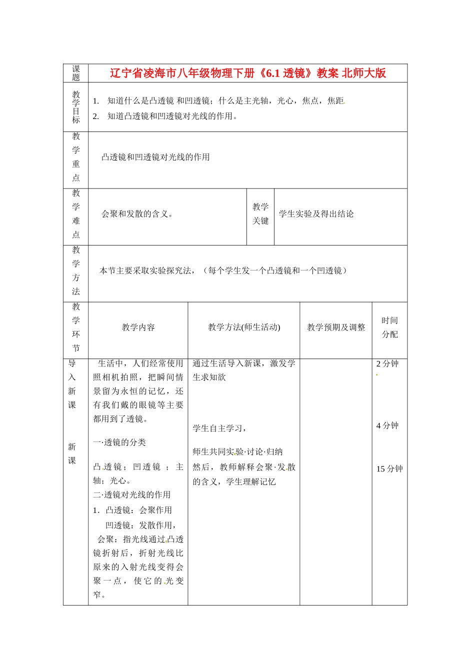 辽宁省凌海市八年级物理下册《6.1 透镜》教案 北师大版_第1页
