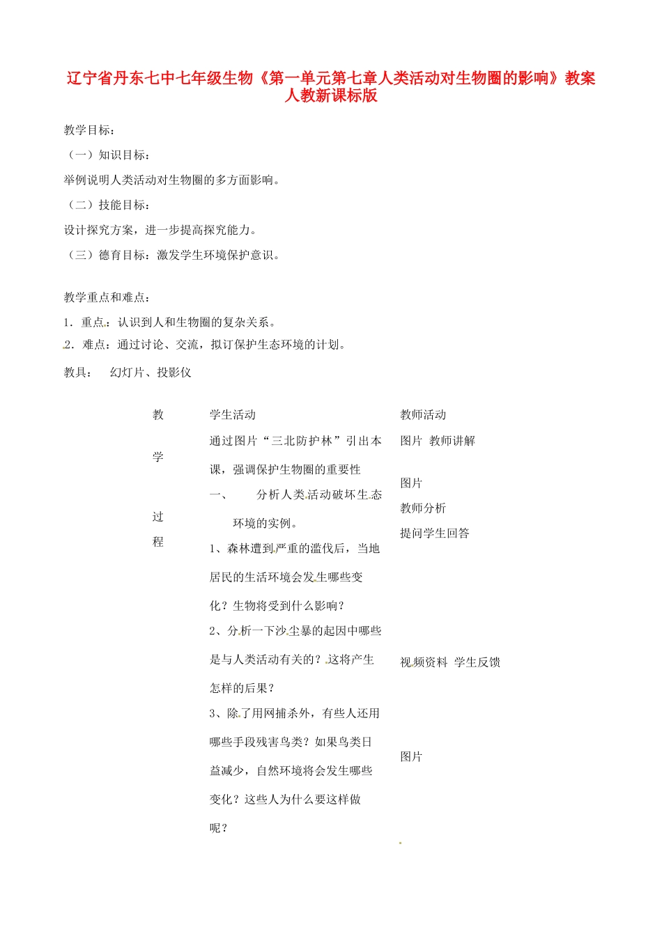 辽宁省丹东七中七年级生物《第一单元第七章人类活动对生物圈的影响》教案 人教新课标版_第1页