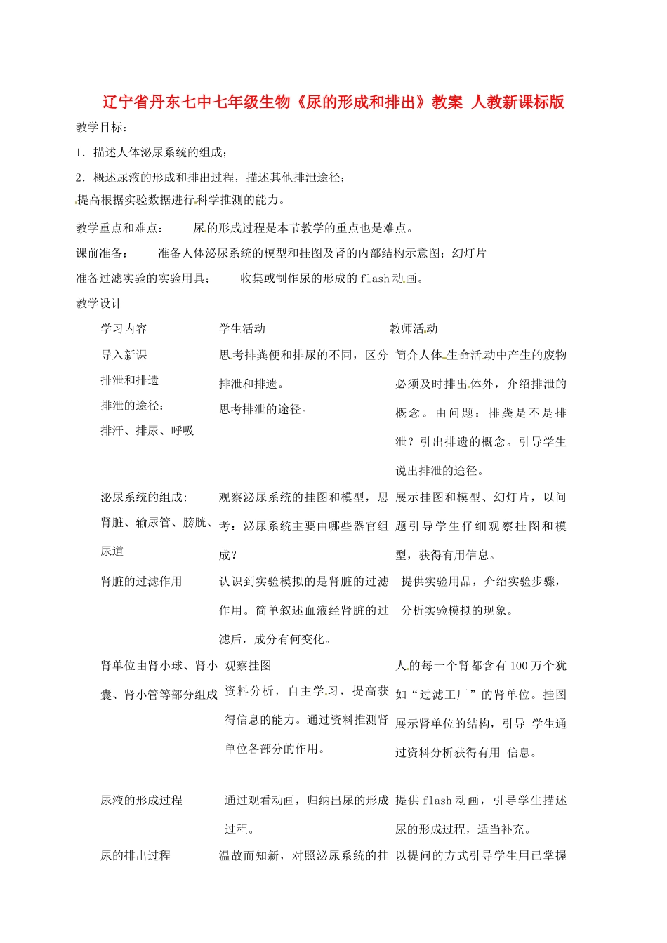 辽宁省丹东七中七年级生物《尿的形成和排出》教案 人教新课标版_第1页