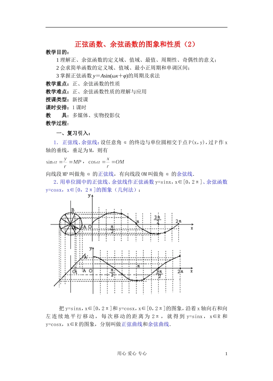高中数学 第四章 正弦函数 余弦函数的图象和性质（2）教案_第1页