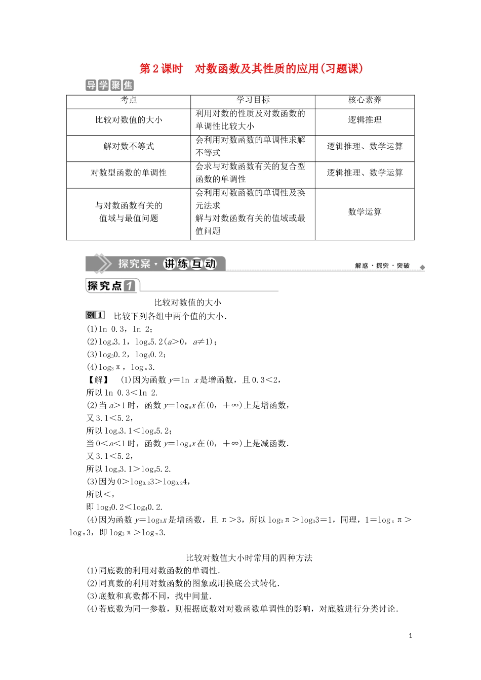 高中数学 第四章 指数函数与对数函数 4.4 对数函数（第2课时）对数函数及其性质的应用（习题课）教师用书 新人教A版必修第一册-新人教A版高一第一册数学教案_第1页