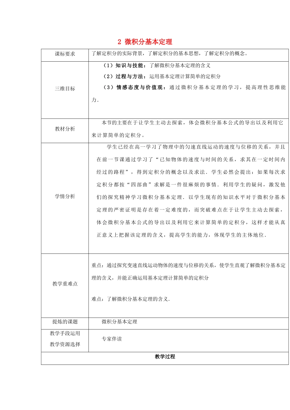 高中数学 第四章 定积分 4.2.1 微积分基本定理教案 北师大版选修2-2-北师大版高二选修2-2数学教案_第1页