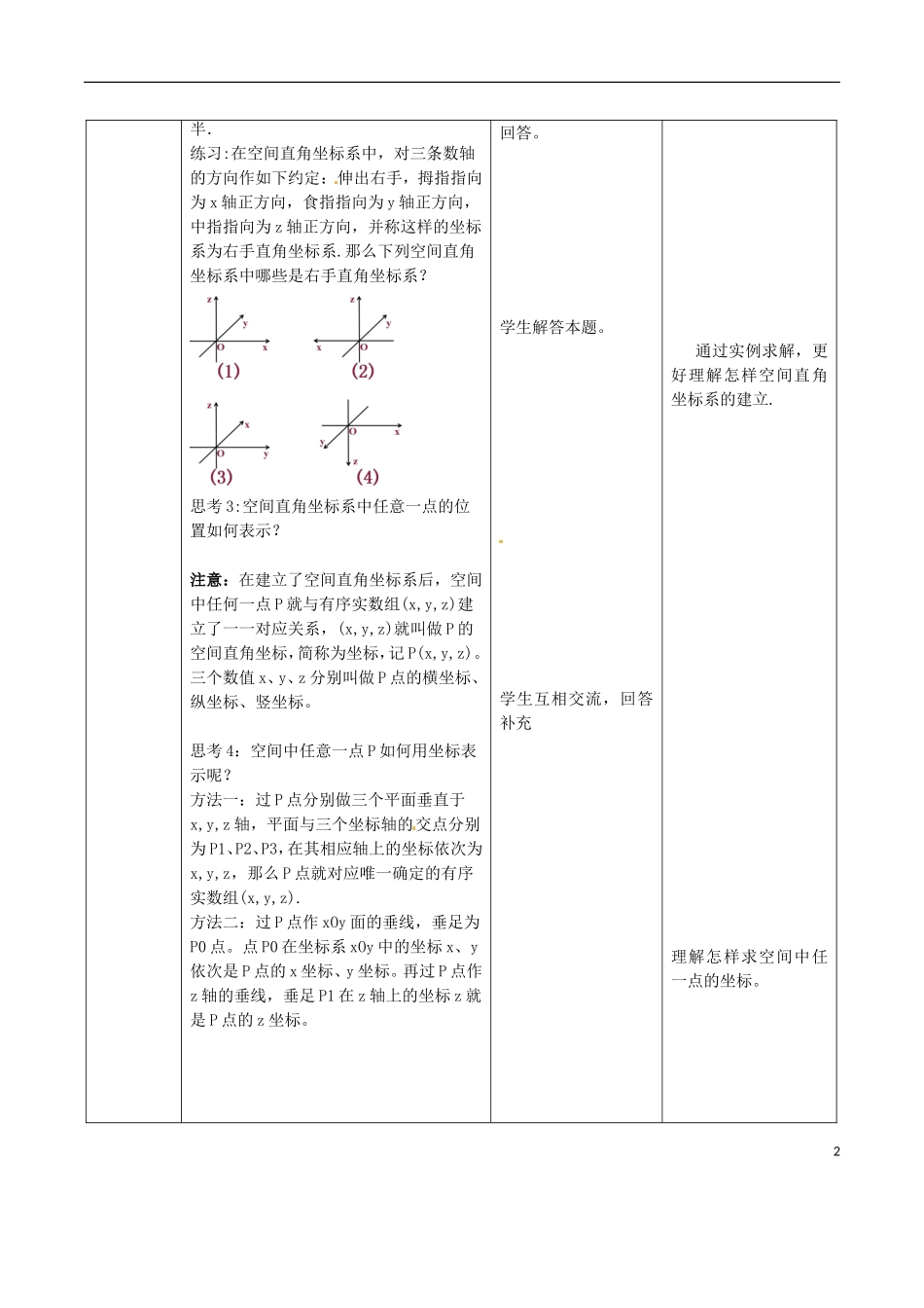 高中数学 第四章 圆与方程 4.3 空间直角坐标系教学设计 新人教A版必修2-新人教A版高一必修2数学教案_第2页