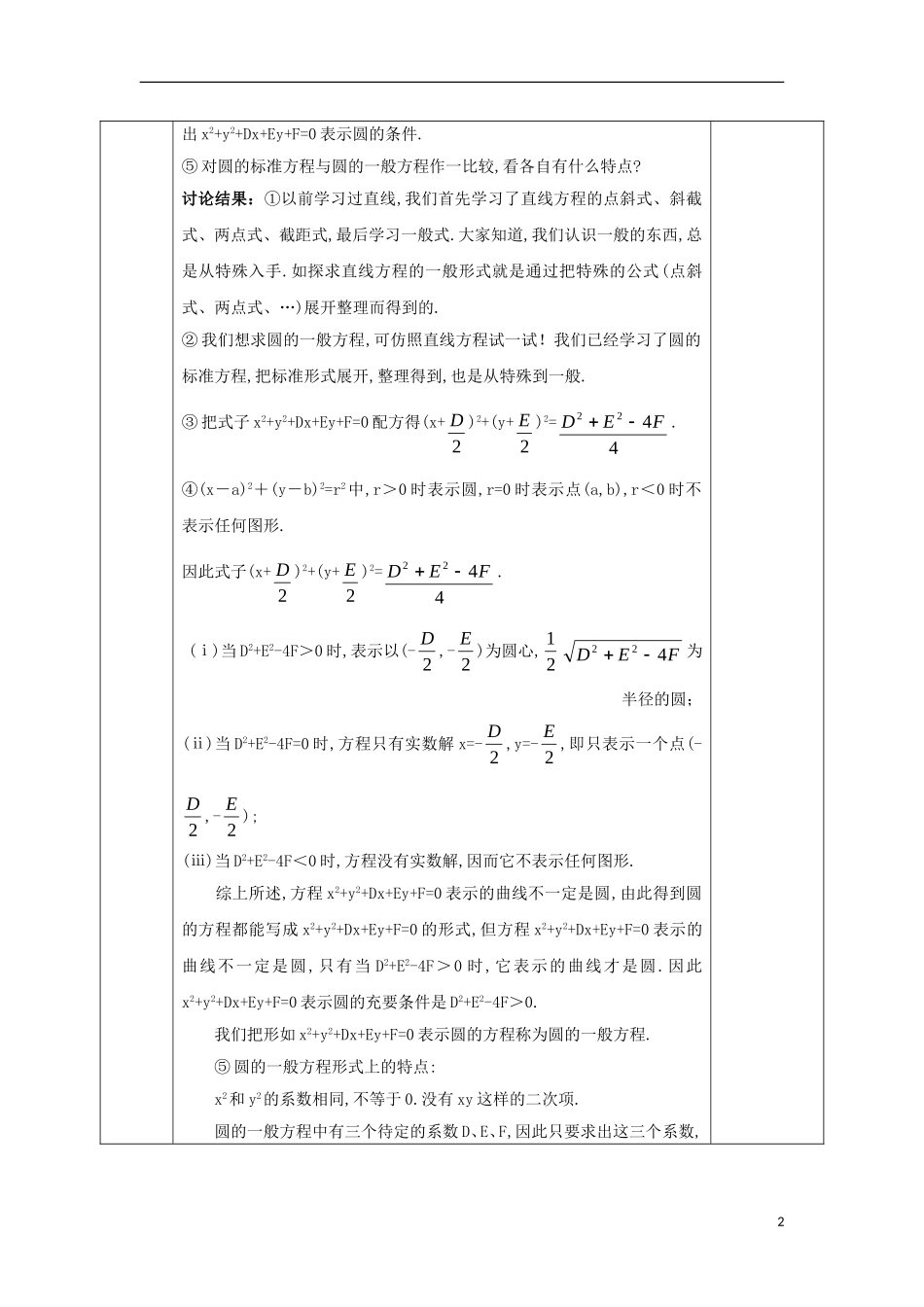 高中数学 第四章 圆与方程 4.1.2 圆的一般方程教案 新人教A版必修2-新人教A版高一必修2数学教案_第2页