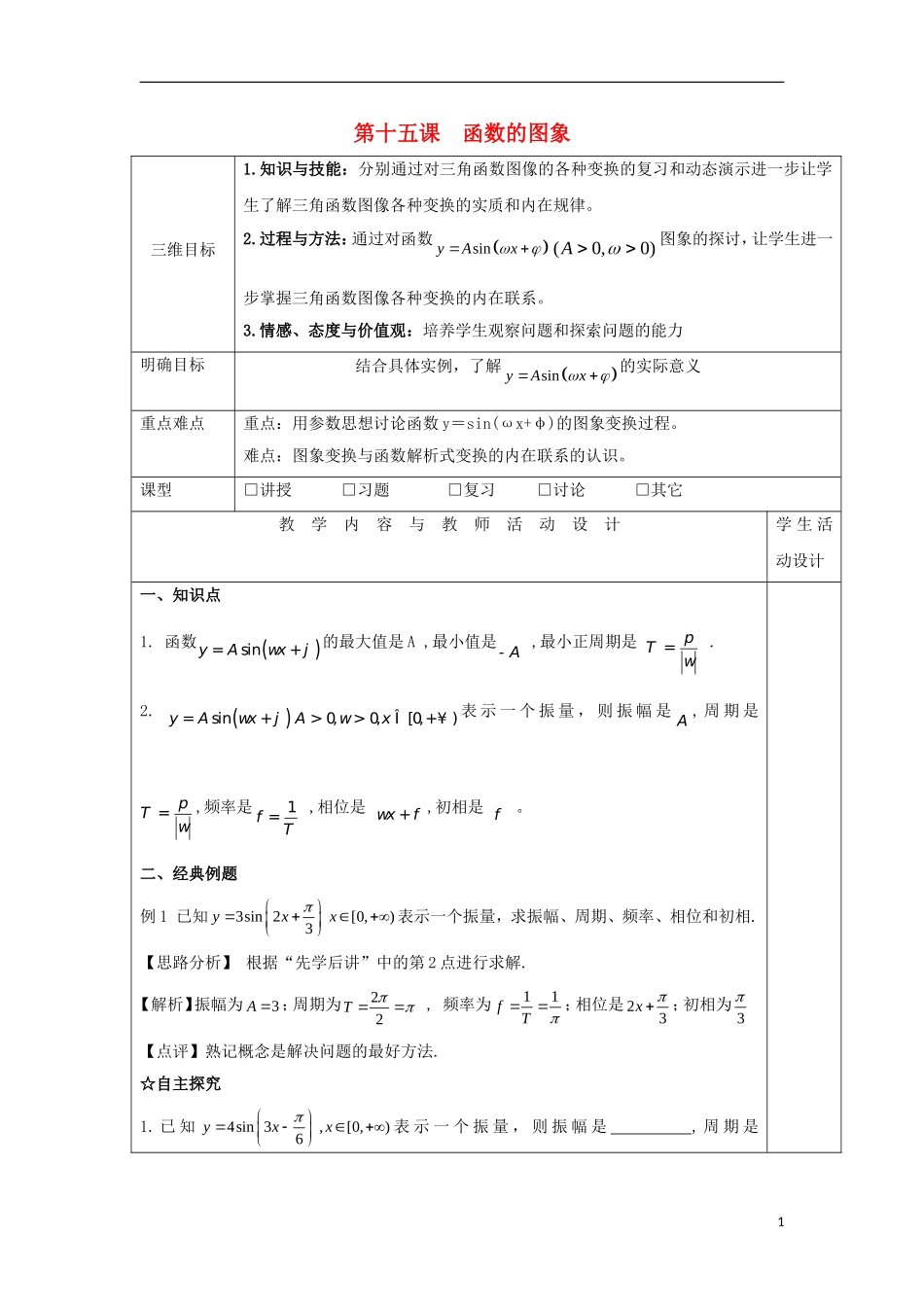 高中数学 第十五课 函数的图象教学设计 新人教A版必修4-新人教A版高一必修4数学教案_第1页
