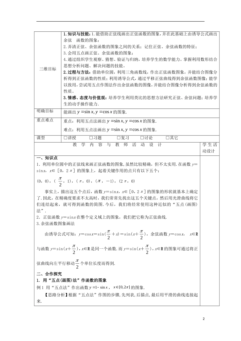 高中数学 第十一课 正弦、余弦函数的图象教学设计 新人教A版必修4-新人教A版高一必修4数学教案_第2页