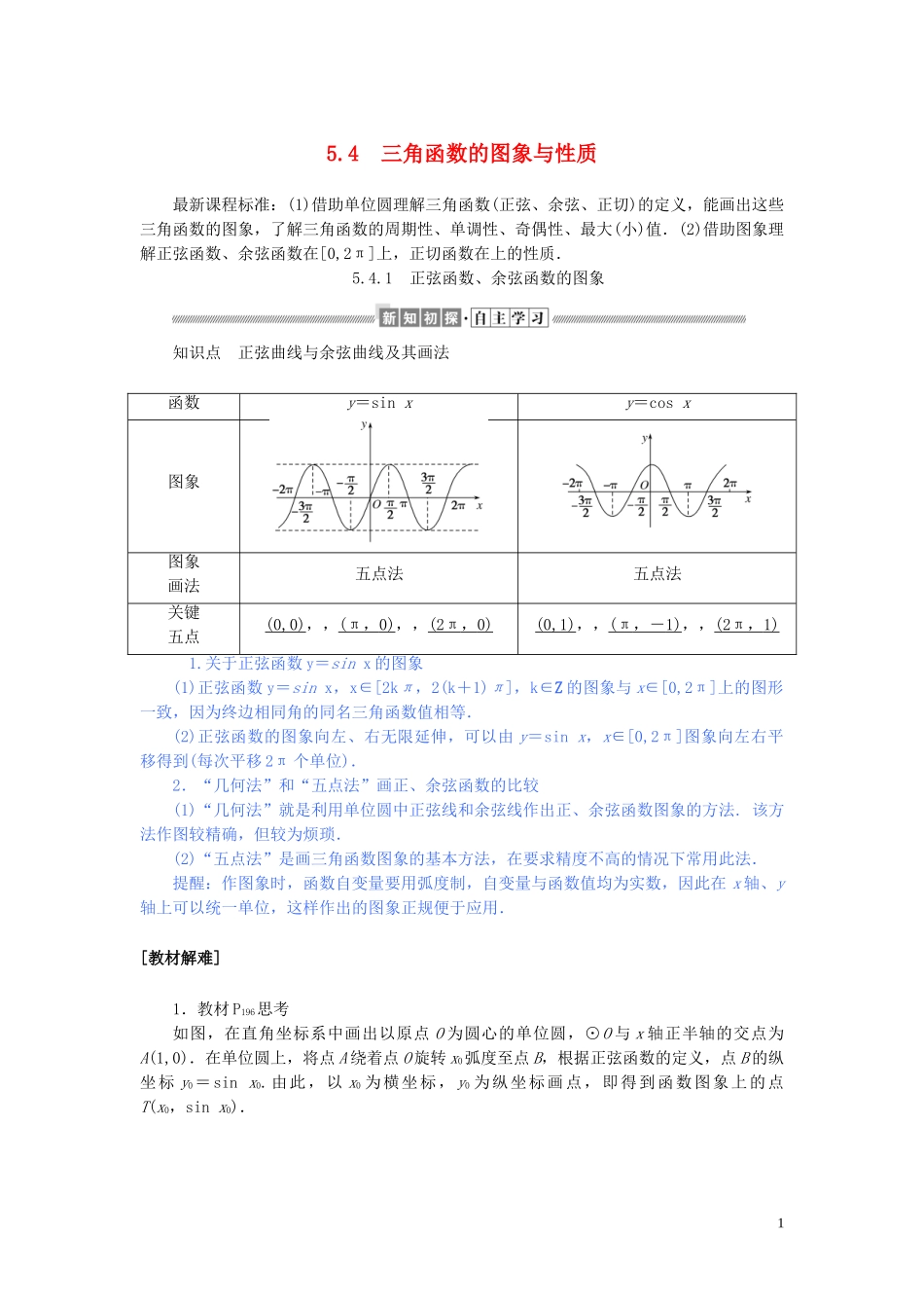 高中数学 第五章 三角函数 5.4.1 正弦函数、余弦函数的图象讲义 新人教A版必修第一册-新人教A版高一第一册数学教案_第1页